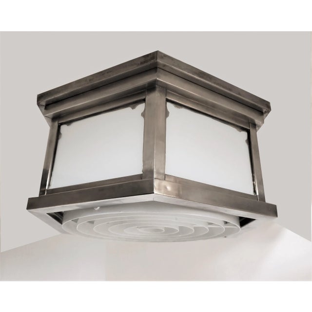 Metal Mid-Century Industrial Flush Mount in Nickeled Brass With White Glass For Sale - Image 7 of 13