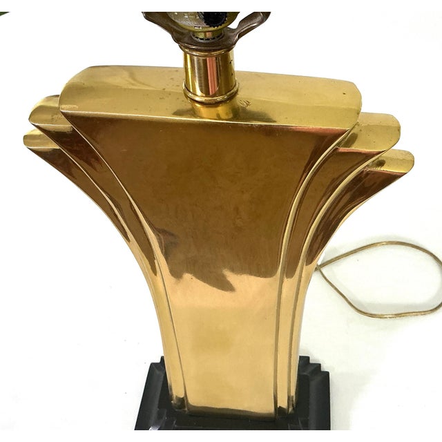 1970s Stiffel-Hollywood Regency Brass Fan/Lotus Black Stepped Base Table Lamp For Sale - Image 10 of 10