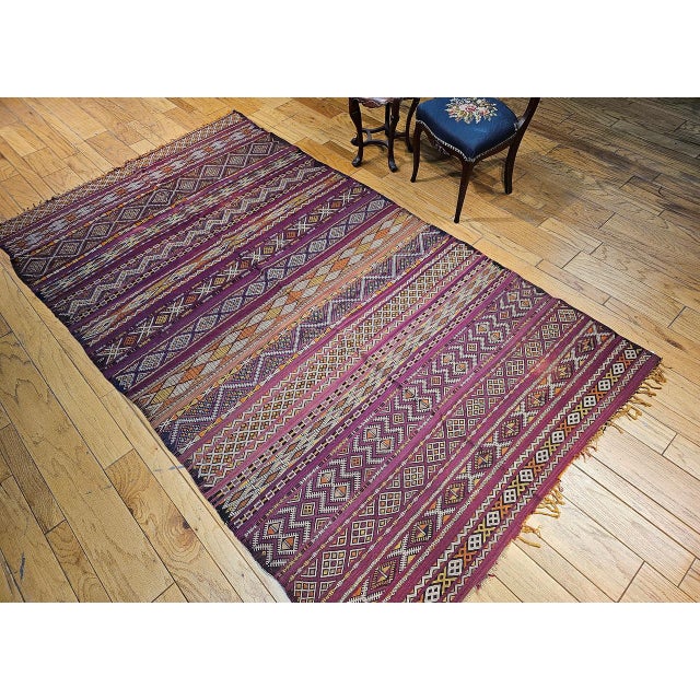Vintage Moroccan Tribal Kilim, Handwoven Wool, Stripe Geometric Pattern, Purple & Yellow, 6x10 For Sale In Chicago - Image 6 of 17