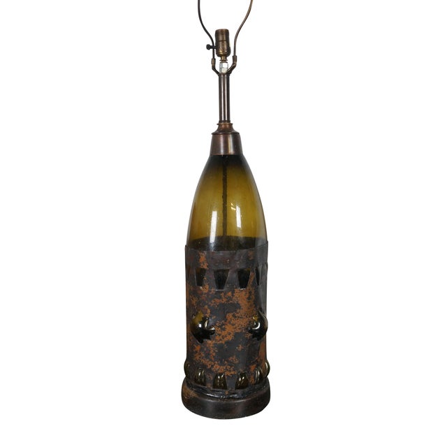 Large vintage pair of Frederick Cooper hand-blown art glass wine bottle banquet table lamps with Brutalist copper...