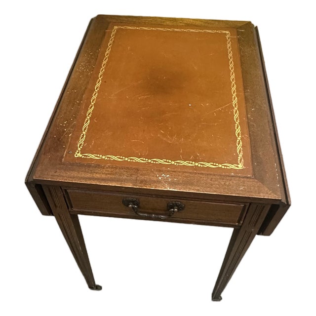 Vintage Leather-Top Drop-Leaf Side Table With Drawer For Sale