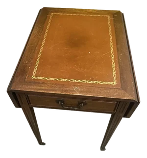 Vintage Leather-Top Drop-Leaf Side Table With Drawer