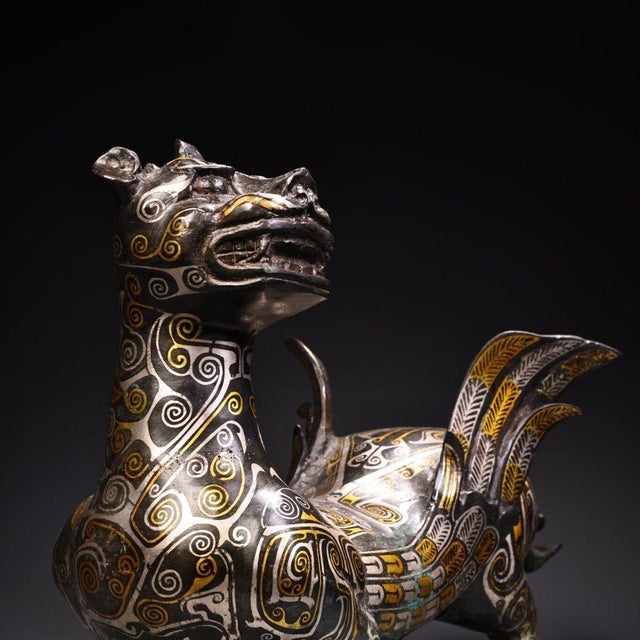 Late 19th Century Gilt Bronze Mythical Beast Figurine, Gold and Silver Inlay For Sale - Image 4 of 12