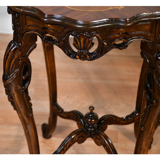 1930s French Walnut & Satinwood Inlay Pair of Side Tables / End Tables For Sale - Image 6 of 13