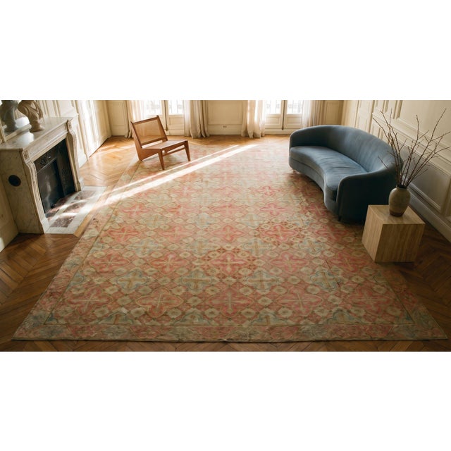 1870s Pink Cross Diamond Antique French Needlepoint Rug 14'4" X 18'8" Flatweave Wool Carpet For Sale - Image 9 of 9