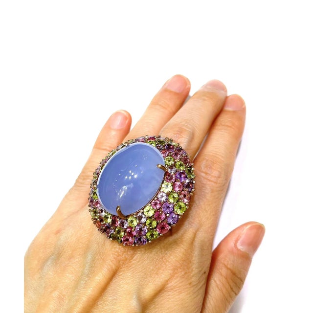 Bochic “Orient” Chalcedony & Multi Gem Cocktail Ring In 18K Gold & Silver, Size 6.5 For Sale In New York - Image 6 of 11