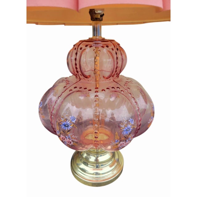 Glass Vintage Carl Falkenstein Double Bubble Glass Pale Pink Hob Knob Painted Table Lamps Pink Pleated Shades- A Pair For Sale - Image 7 of 12