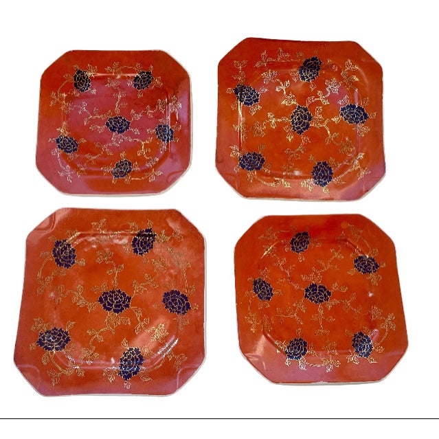 A truly stunning and vibrant set of four hand-painted octagonal dessert plates, originally retailed by the luxury...