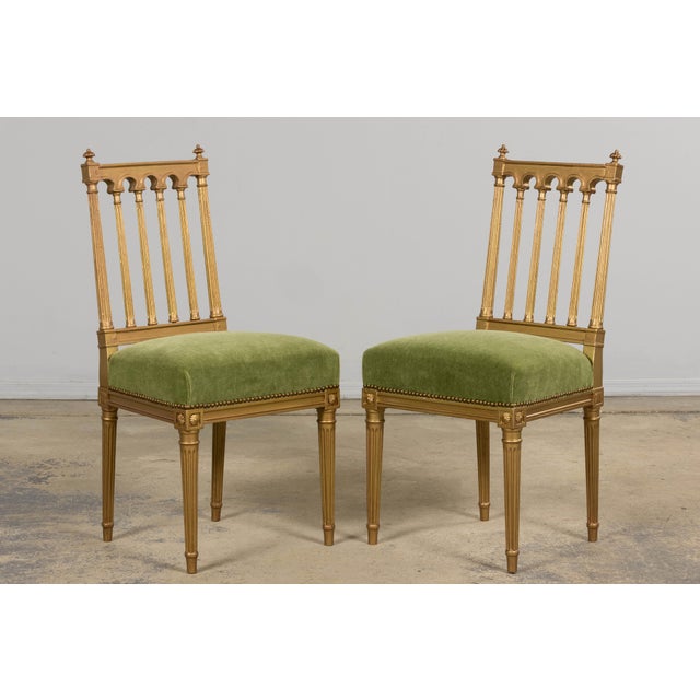 Wood Antique French Louis XVI Style Giltwood Dining Chairs in Green Mohair, Set of 6 For Sale - Image 7 of 18