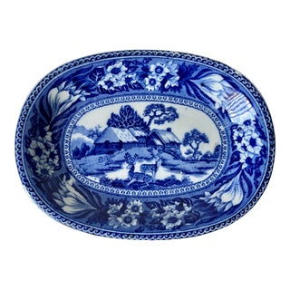 Antique Wedgwood Flow Blue "Fallow Deer" Oval Dish For Sale