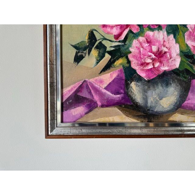 Wood 1970's Vintage Still Life of Peonies in a Vase, Oil Painting, Signed For Sale - Image 7 of 10