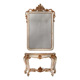 Grand Venetian Neo-Rococo Gilt Console and Mirror Set Cream For Sale