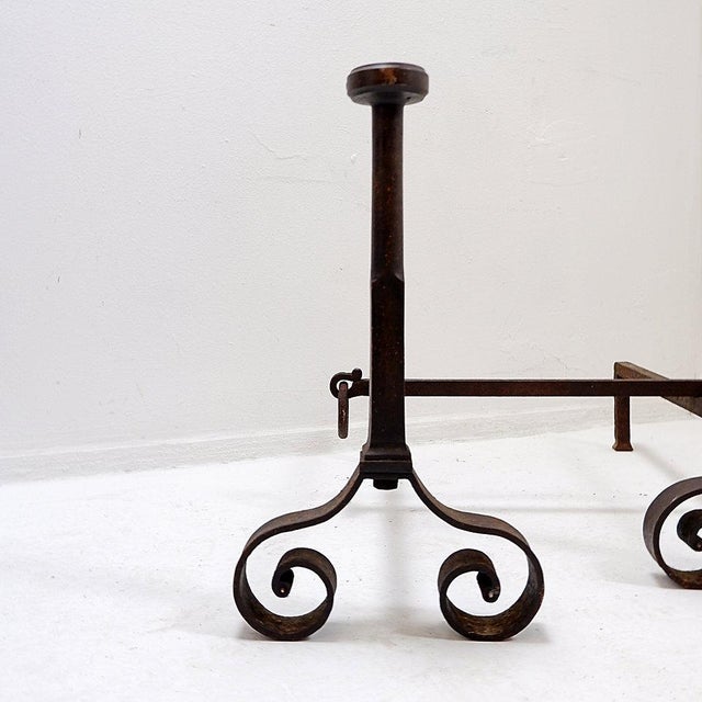 Fireplace set - Antique 19th Pair of antique wrought iron andirons, a lovely model with inwardly curved legs. Sold with a...