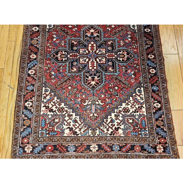 Textile Vintage Heriz Area Rug, Handwoven Geometric Pattern, Red & Navy, 5’ X 7’ For Sale - Image 7 of 11