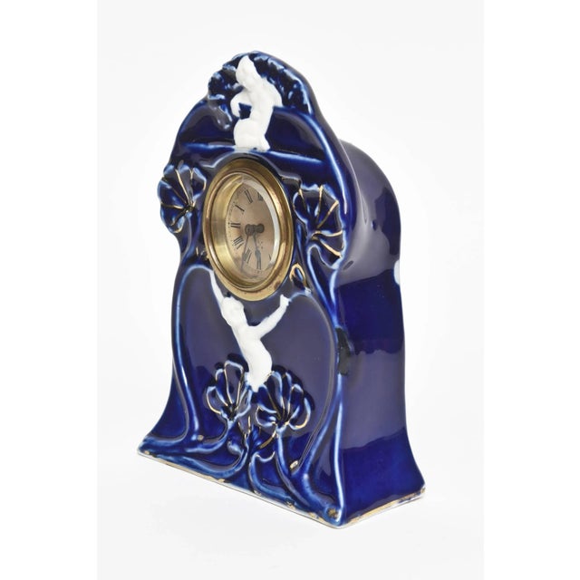 Art Nouveau Art Nouveau Colbalt Blue Gilt Porcelain Desk Clock For Sale - Image 3 of 11