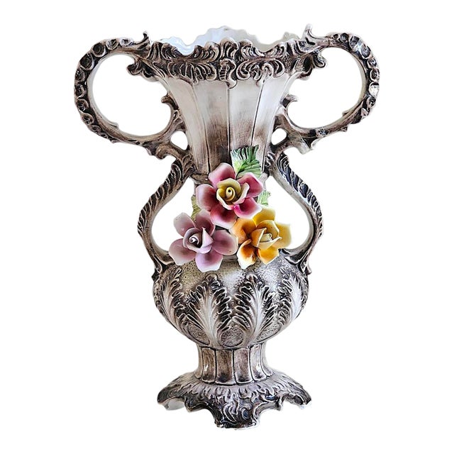 Vintage Italian Capodimonte-Style Porcelain Floral Vase – 17" For Sale