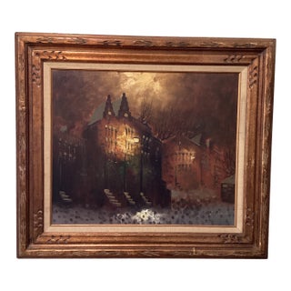 Vintage Oil Painting on Canvas "City Motif at Dusk" Signed Framed For Sale