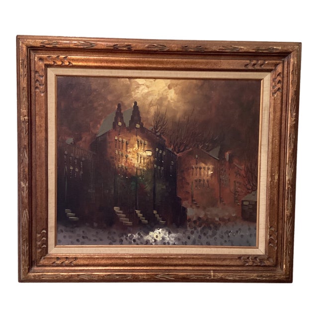 Vintage Oil Painting on Canvas "City Motif at Dusk" Signed Framed For Sale