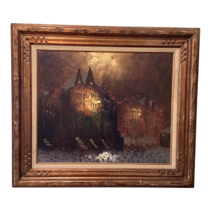 Vintage Oil Painting on Canvas "City Motif at Dusk" Signed Framed