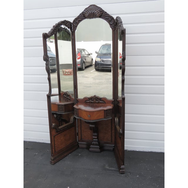 Traditional 1920s Carved Tri Fold Vanity Makeup Dressing Table and Stool 6454 For Sale - Image 3 of 18