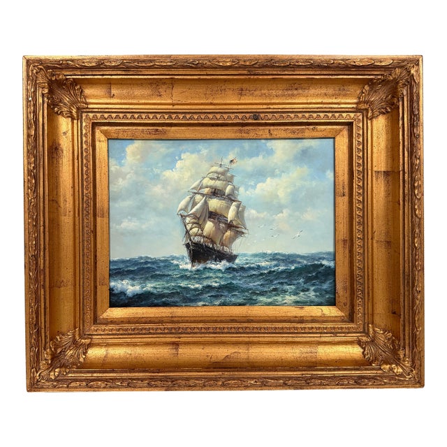 Late 20th Century J. Clark - American Clipper at Sea, Oil on Canvas For Sale