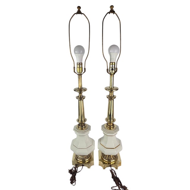1960s Stiffel Brass and Porcelain Table Lamps, a Pair For Sale - Image 12 of 15