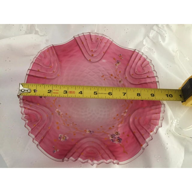Late 19th Century Bohemian Victorian Art Glass Pink Cranberry Satin Glass Bride's Bowl with Diamond Optic Quilting Enameled Flowers For Sale - Image 10 of 13
