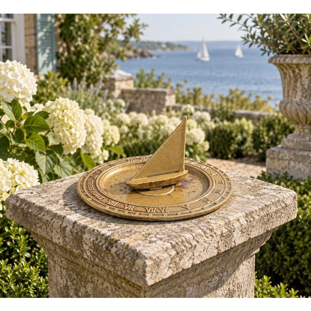 A beautiful vintage cast iron nautical garden sundial with a boat, reading "Tempus Fugit," which translated from Latin...