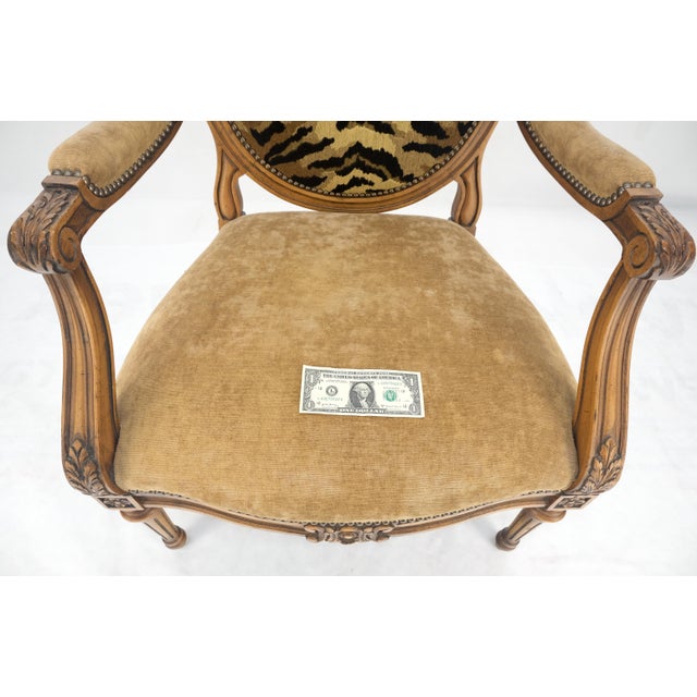 Baker Furniture Company Carved Round Tiger Upholstery Back Camel Mohair Seat French Arm Chair MINT For Sale - Image 4 of 12