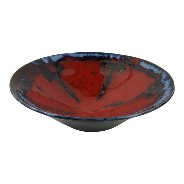 Round Black and Glazed Blue Ceramic Key Holder or Vide Poche For Sale