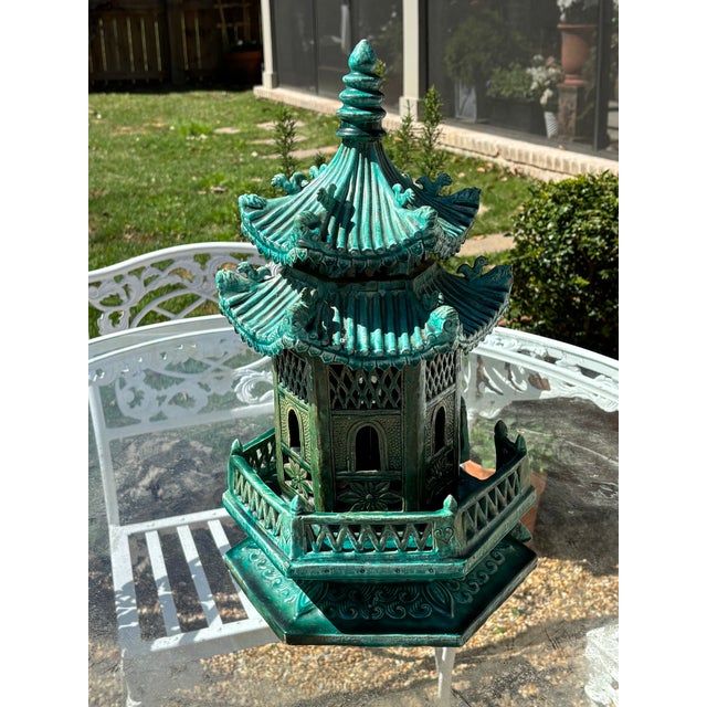 Green Vintage Large Scale Palm Beach Style Green Glazed Pagoda Centerpiece For Sale - Image 8 of 18