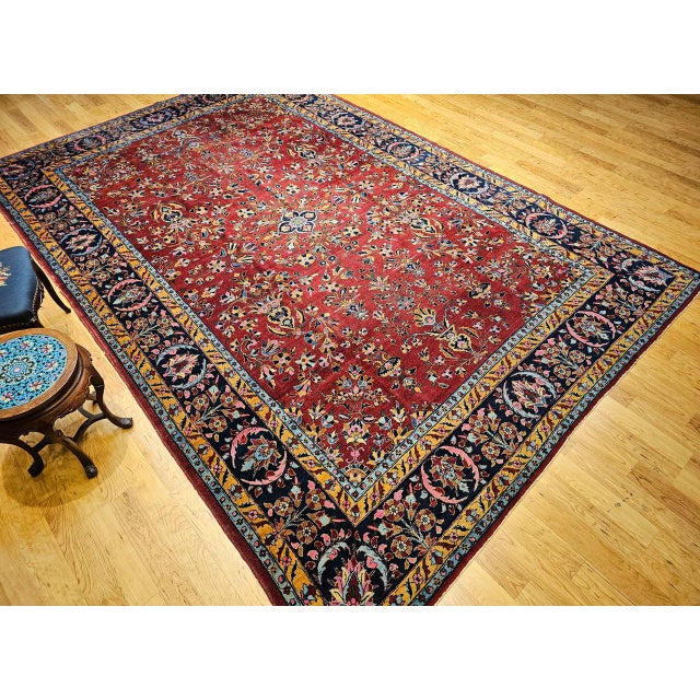 1900 - 1909 Vintage Persian Kashan Rug, Hand-Knotted Wool, Allover Floral Pattern, Red & Navy, 9x14 For Sale - Image 5 of 17