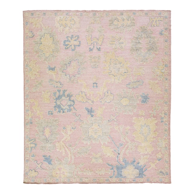Modern Oushak Style Handmade Floral Motif Light Pink Wool Rug For Sale