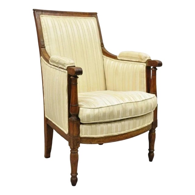 19th C. French Louis XVI Neoclassical Style Walnut Bergere Club Lounge Arm Chair For Sale