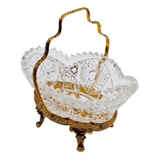 Vintage Globe Ormolu-Cut Crystal Footed Basket With Gilded Handle, Hollywood Regency Style For Sale