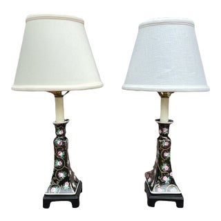 Vintage Hand Painted Floral Chinoiserie Ceramic Candle Stick Holder Style Pagoda Table Lamps With Pink and White Flowers Tulips on Black - a Pair For Sale