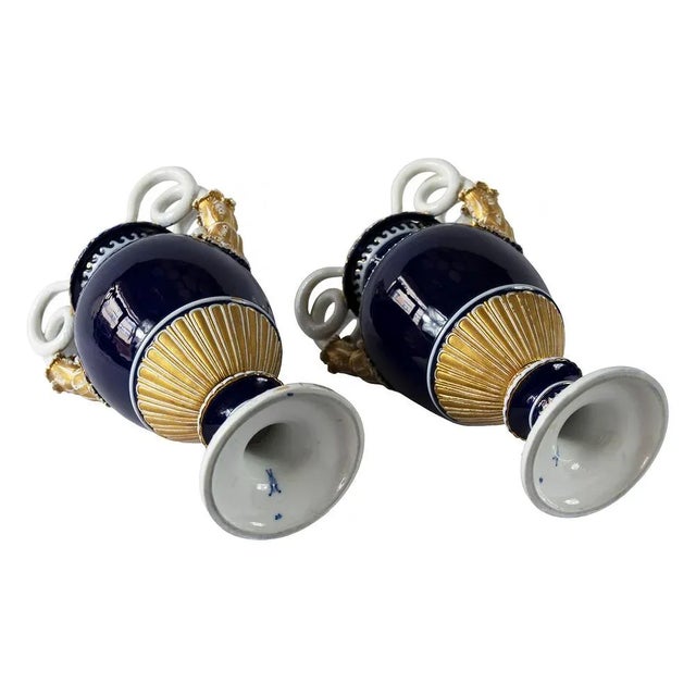 Metal German Cobalt Blue Porcelain Vases by August Leuteritz for Meissen, 1890s, Set of 2 For Sale - Image 7 of 11