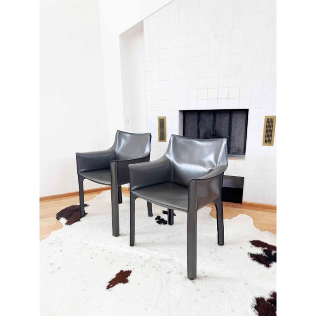 Cassina 1980s Pair of Two 70s Cassina Cab 413 Armchairs Mario Bellini Elephant Grey / Gray For Sale - Image 4 of 11