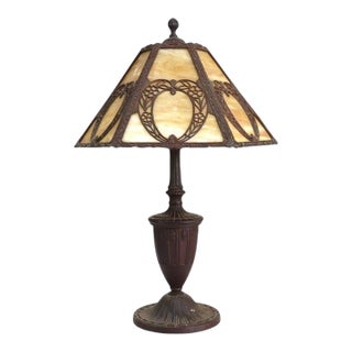 Arts & Crafts Bradley & Hubbard Style 6-Panel Slag Glass Lamp Unsigned C1920 For Sale