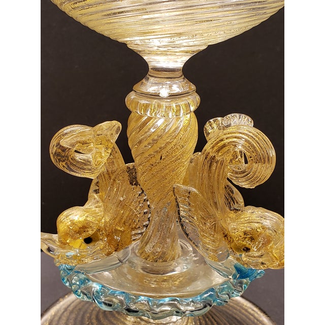 Glass Murano Glass 3 Dolphin Tazza Compote Rigadin Gold Polveri Attr Salviati For Sale - Image 7 of 16