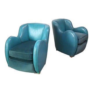 Scandinavian Deco Club Chairs in Blue Leather and Velvet For Sale