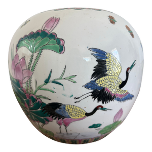Vintage Chinese Porcelain Jardinière With Cranes & Lotus Motif