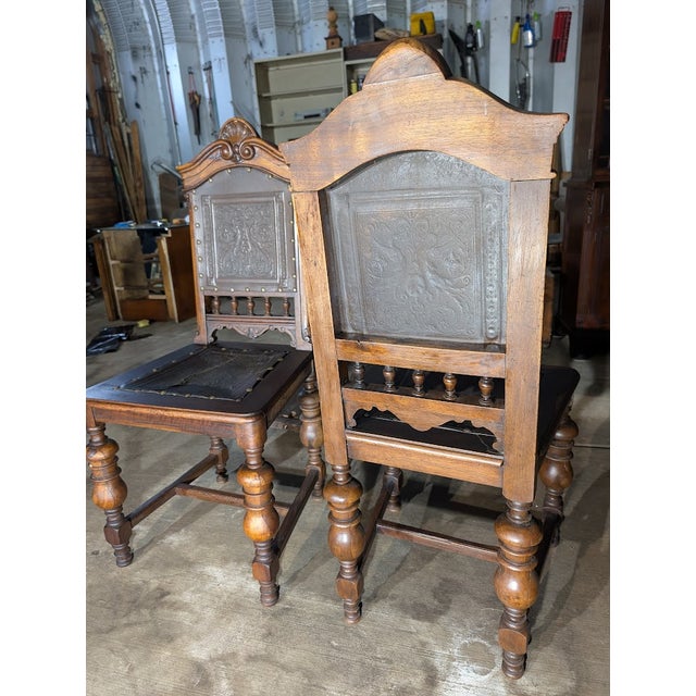 Brass Pair of Early 20th Century Jacobean / Henry II Revival Tooled Leather Dining Side Chairs For Sale - Image 8 of 9