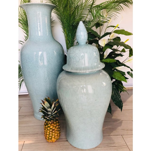 Hollywood Regency Vintage Extra Large Chinese Celadon Crackle-Glazed Altar Vase With Flaring Neck and Matching Ginger Jar- 2 Pieces For Sale - Image 4 of 12