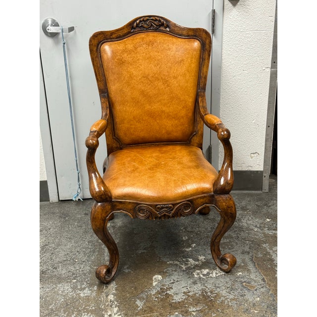 Rococo Venetian Leather Bespoke Carved Wood Armchair, Vintage For Sale - Image 3 of 12