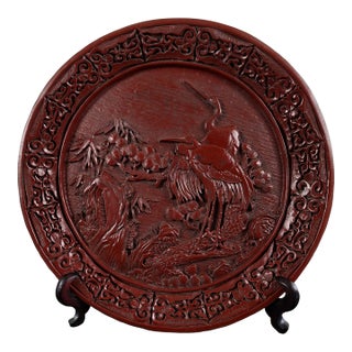 Chinese Cinnabar Cranes Plate For Sale