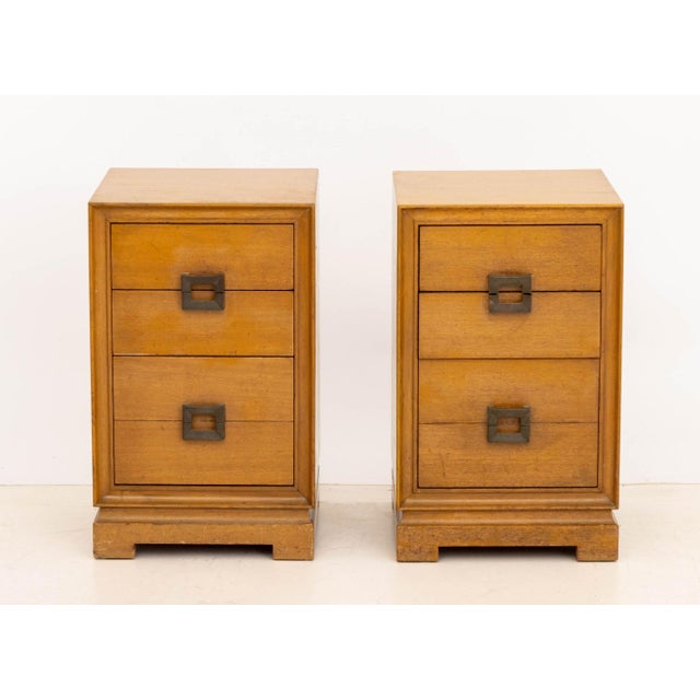 Pair of James Mont Style Mahogany Nightstands, each having three drawers with four chrome-plated geometric handles. 26.25"...