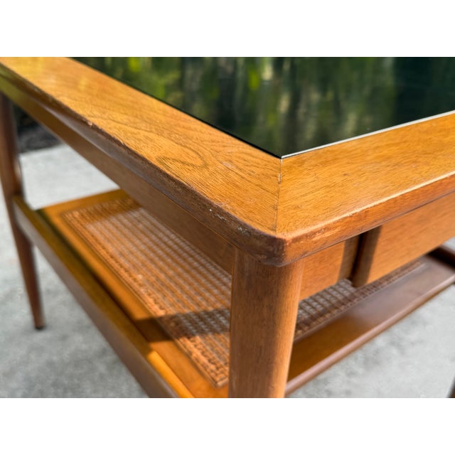 Vintage American of Martinsville Mid-Century Walnut End Table With Cane Shelf, MCM For Sale - Image 10 of 12