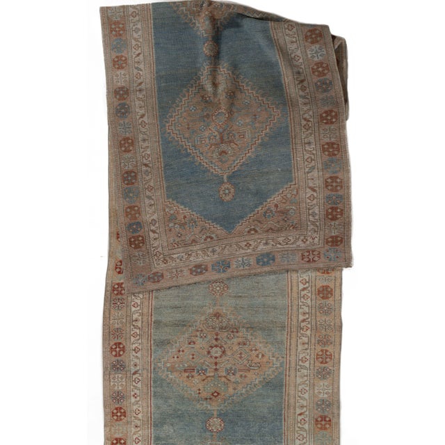 Blue Antique Circa 1920 Blue Malayer Hand Knotted Runner 3ft 2in X 15ft 1in For Sale - Image 8 of 11