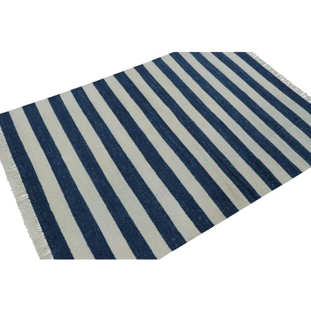 Rug & Kilim Rug & Kilim’s Indian Dhurrie Rug in Cool, Coastal Navy Blue and White Stripes For Sale - Image 4 of 8